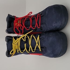 Men's Timberland Blue & Red Hiking Boots sz 7. Only 1 yellow & 1 red shoe string